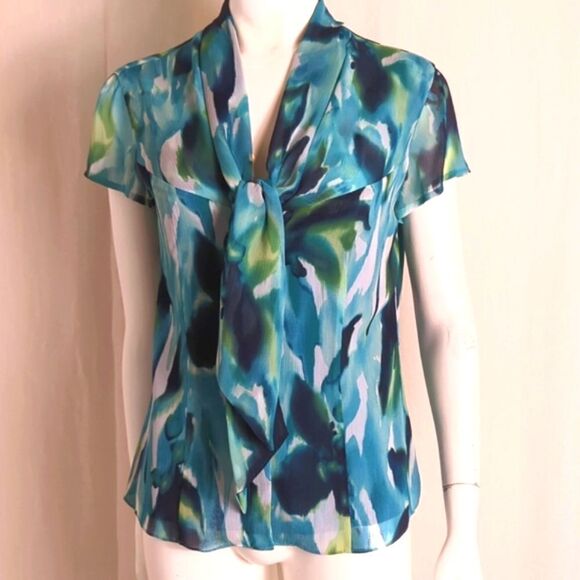 Jones New York Blouse Summer Chiffon Aqua Print  Size 12P - Picture 1 of 6